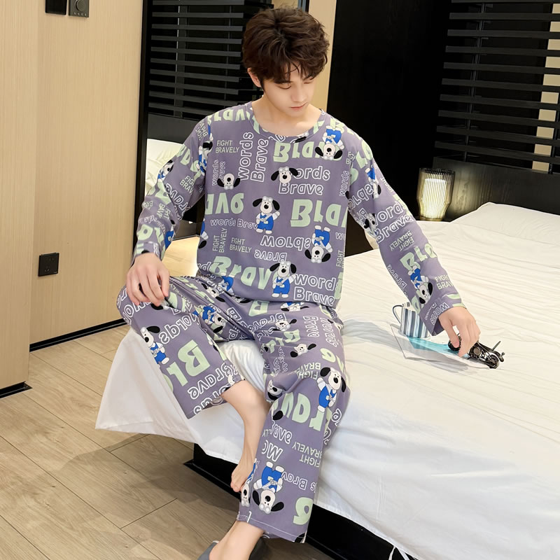 棉绸睡衣男士夏季薄款绵绸长袖长裤薄款夏天可外穿家居服大码套装