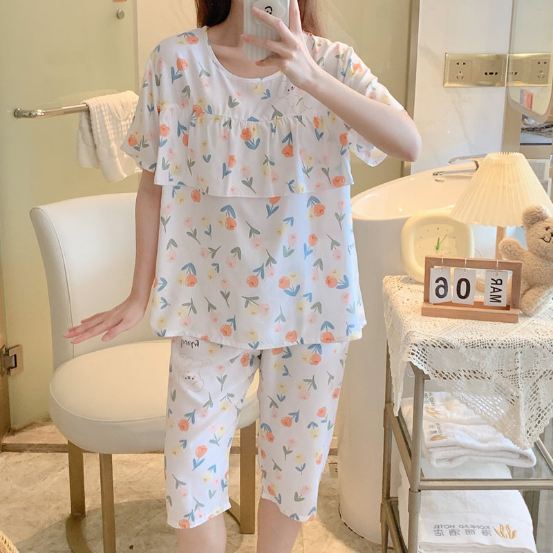 防凸点绵绸睡衣女士夏季棉绸短袖中裤家居服夏天夏款薄款套装网红