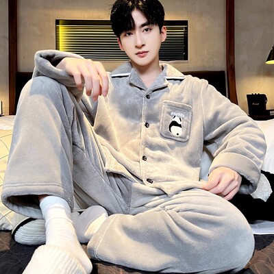 男士珊瑚绒睡衣秋冬季加厚加绒保暖长袖宽松法兰绒家居服套装冬天