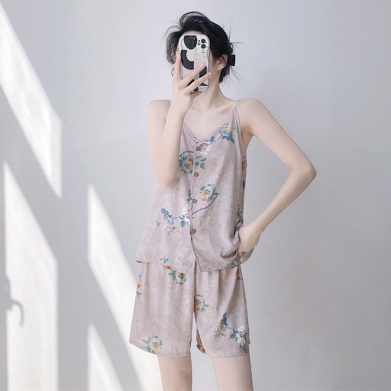 睡衣女夏季吊带短裤开衫棉绸夏天家居服可外穿中青年无袖绵绸背心