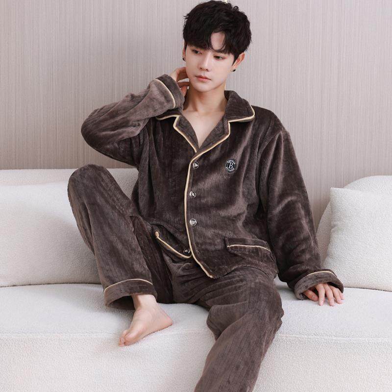 冬季珊瑚绒睡衣男士加厚保暖加绒法兰绒开衫宽松大码中青年家居服
