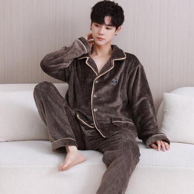 冬季珊瑚绒睡衣男士加厚保暖加绒法兰绒开衫宽松大码中青年家居服