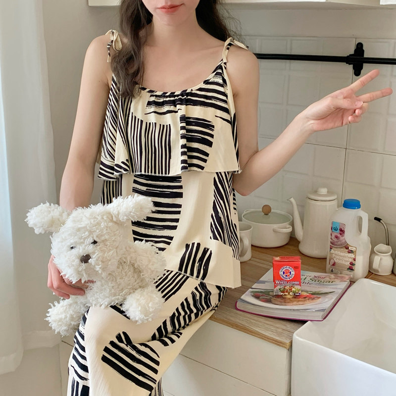 棉绸睡衣女凉感条纹吊带家居服