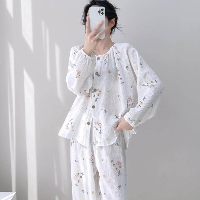 春秋睡衣女双层棉纱布开衫长袖长裤纯棉圆领日系月子家居服套装新