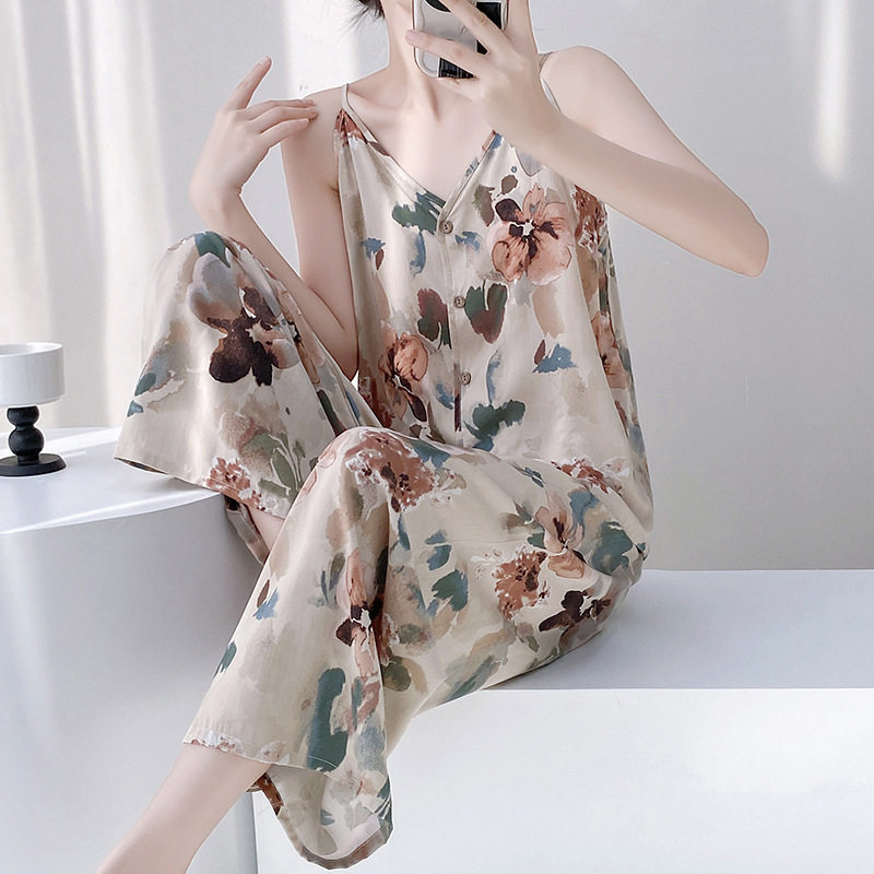 棉绸吊带开衫睡衣女夏季薄款新款绵绸性感人造棉套装家居服网红款