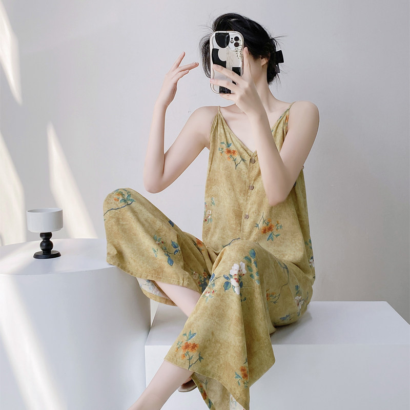 夏季绵绸睡衣女开衫无袖长裤吊带可外穿中青年宽松家居服夏天棉绸