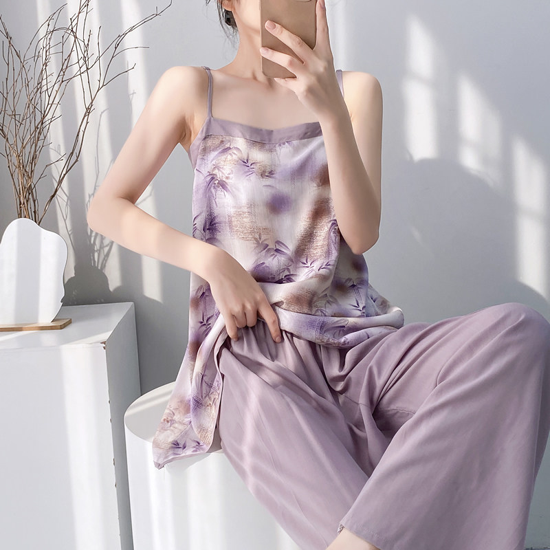 棉绸吊带睡衣女夏季性感薄款轻奢度假风可外穿家居服两件套带胸垫