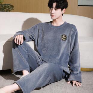 2024冬季轻奢珊瑚绒套头睡衣男士加绒保暖大码法兰绒中青年家居服