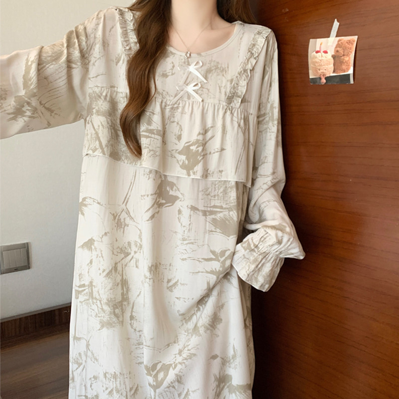 防凸点棉绸睡裙女款夏季长袖长款大码宽松2025新款秋款女绵绸睡衣