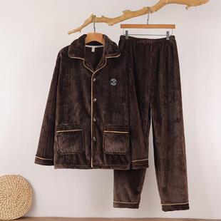 秋冬加厚开衫法兰绒睡衣男冬季口袋条纹加绒珊瑚绒保暖家居服套装