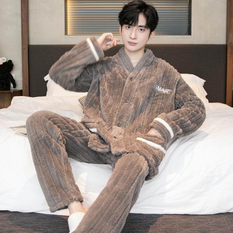 冬季法兰绒男士睡衣开衫加厚加绒珊瑚绒中青年保暖长毛绒家居服新