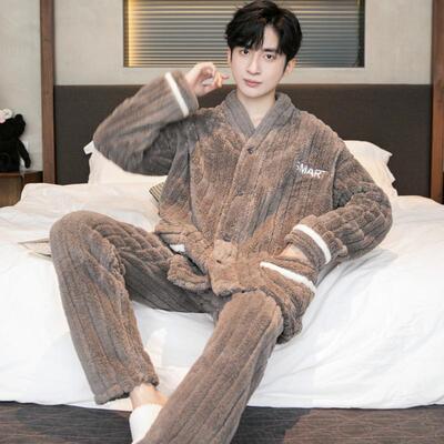 冬季法兰绒男士睡衣开衫加厚加绒珊瑚绒中青年保暖长毛绒家居服新