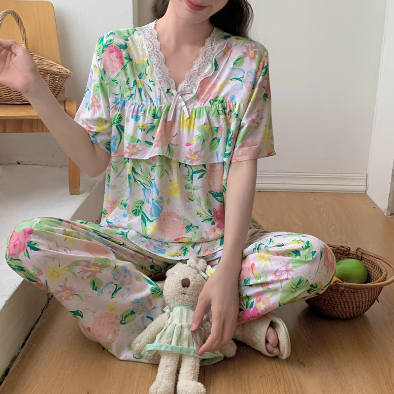 棉绸睡衣女夏季薄款防凸点短袖长裤人造棉套装人造棉家居服加大码