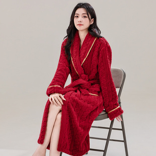 冬天珊瑚绒睡袍女冬长款 甜美性感保暖睡衣翻领法兰绒浴袍加厚浴衣