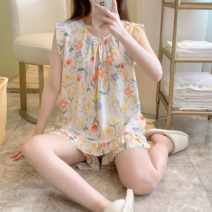 短袖 棉绸睡衣女夏季 短裤 两件套人造棉吸汗透气家居服女绵绸夏套装