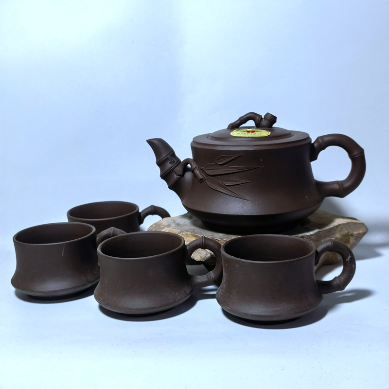 宜兴紫砂二厂早期老货库存335c老紫泥竹段套壶一壶四杯五件套茶壶