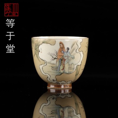 等于堂柴烧景德镇陶瓷庄一手绘仕女图开窗茶杯主人杯仿古品茗杯