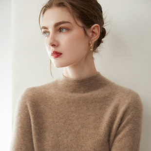 纯色卷边羊绒针织衫 无缝一体100%纯山羊绒衫 女半高领毛衣打底衫