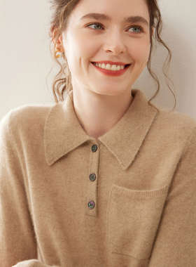 山羊绒衫女POLO领秋冬纯色毛衣衬衫保暖内搭上衣羊绒针织打底衫