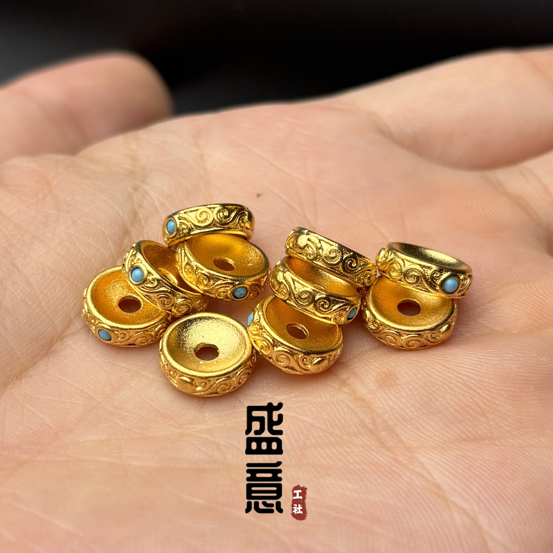 古法24K工艺黄金色925唐草纹镶松石卡环隔片文玩手串配珠配饰隔片图片