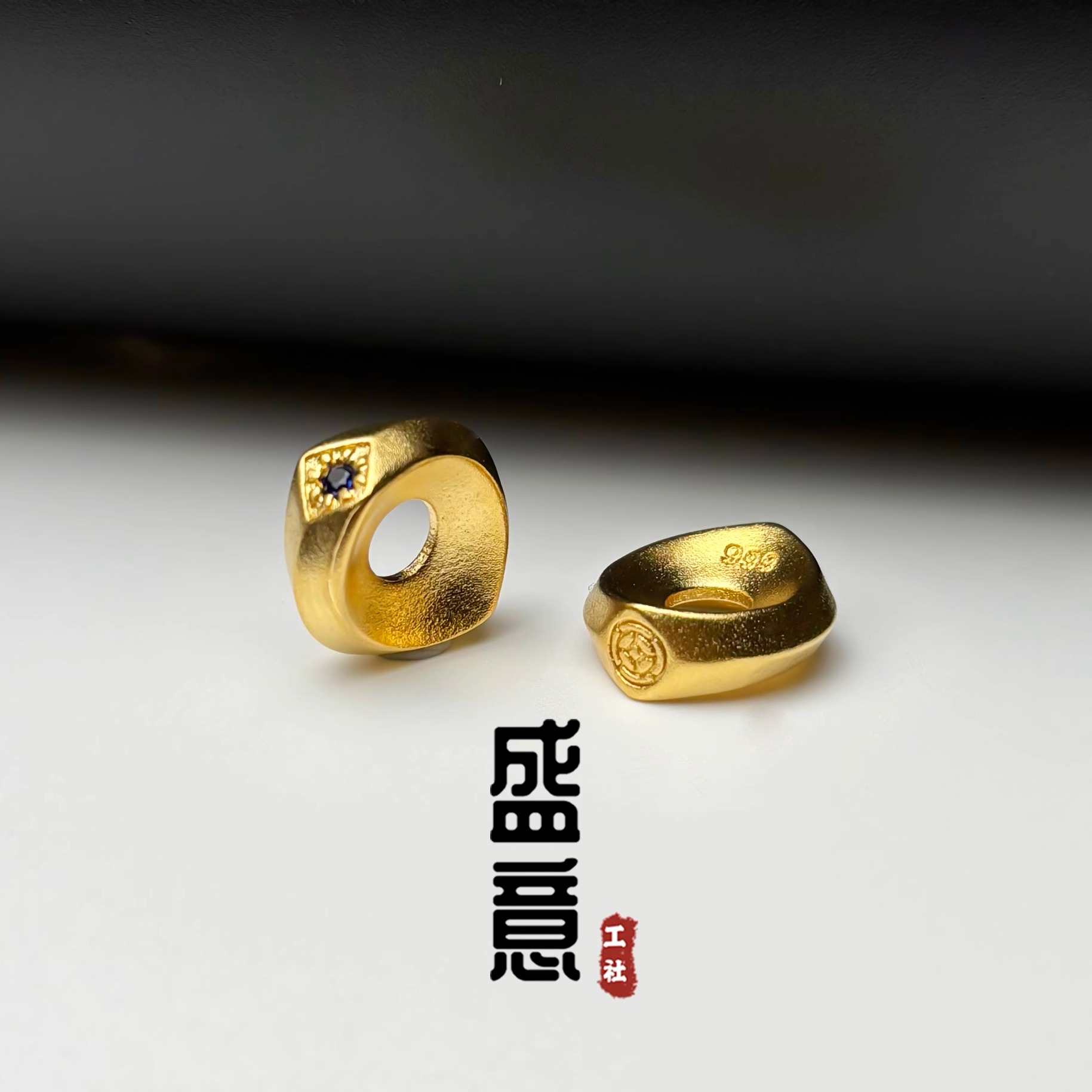 古法24K工艺黄金色925镶蓝钻卡环圆环保色隔珠手串diy佛珠配饰
