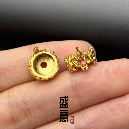 古法24K工艺黄金色火焰镶钻皇冠卡环隔珠隔片文玩手串配珠配饰