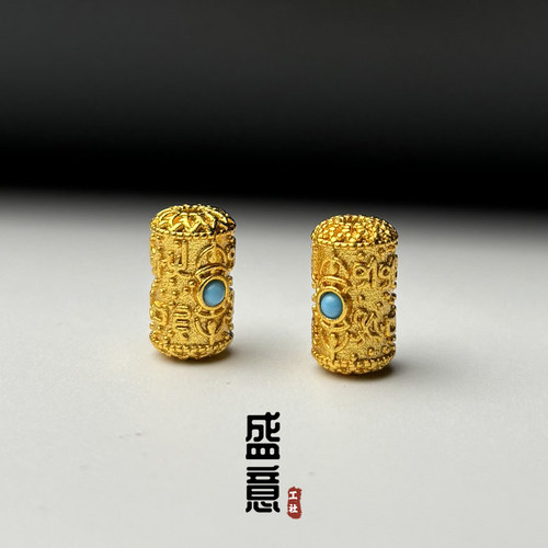 古法24K工艺黄金色925六字箴言镶绿松桶珠顶珠锁骨链文玩手串配饰
