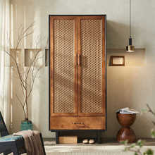 中古风实木藤编衣柜收纳储物柜侘寂风复古橱柜民宿卧室双门衣帽柜