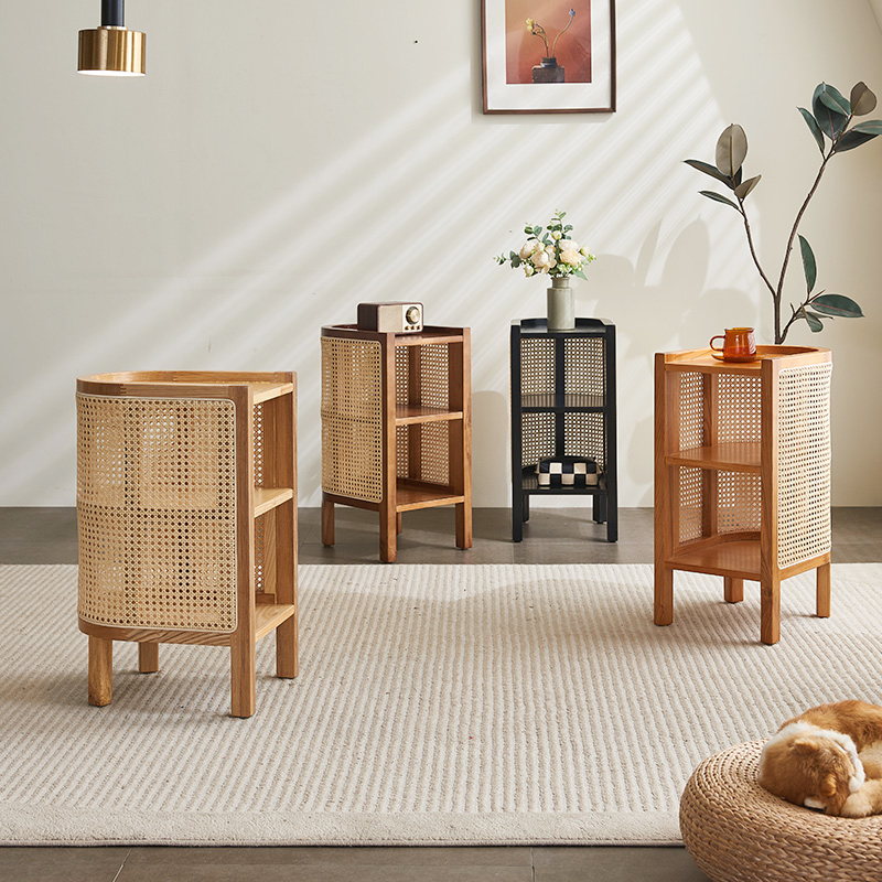实木藤编床头柜日式小边柜置物柜简约北欧侘寂风沙发边几小收纳柜