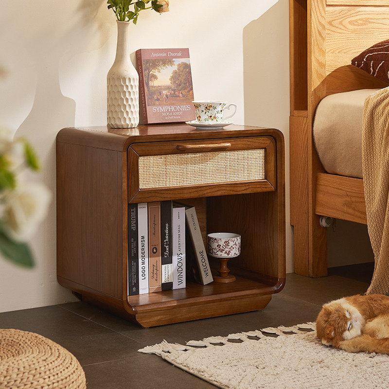 北欧实木床头柜小户型沙发边柜简约藤编边几储物柜角几收纳小柜子