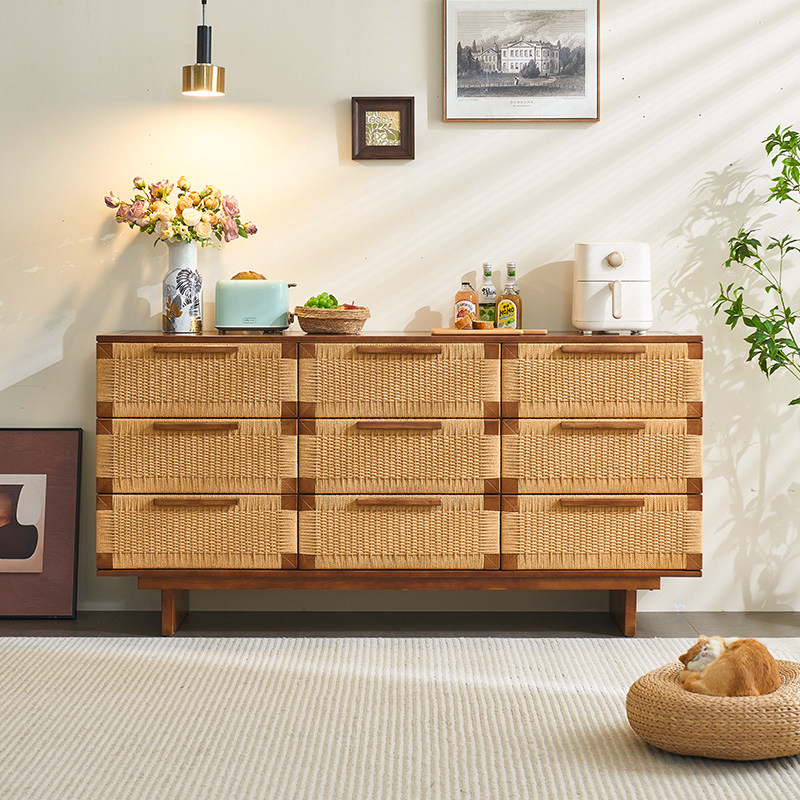 侘寂风实木藤编九斗柜胡桃色餐边柜抽屉收纳柜储物柜子日式玄关柜