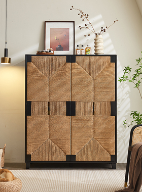 藤编匠师中古藤编实木餐边柜侘寂风黑色玄关柜储物收纳柜双门橱柜