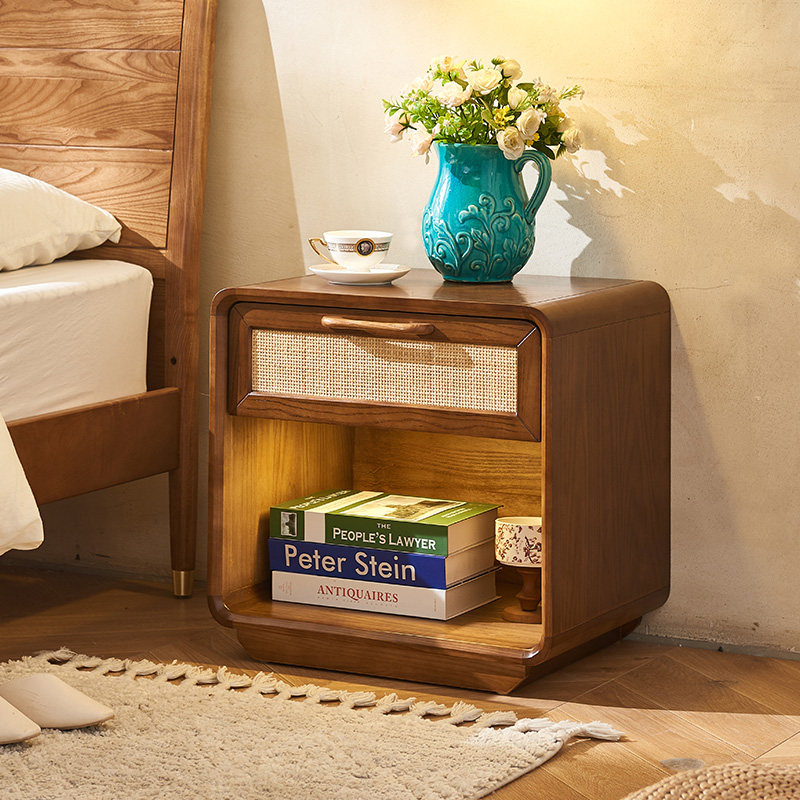 北欧实木床头柜小户型沙发边柜简约藤编边几储物柜角几收纳小柜子