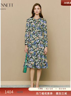 LK BENNETT绿色花卉印花裙冬新款精致珠扣领部蝴蝶结系带