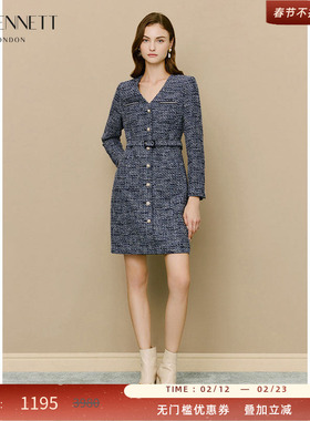 LK BENNETT深蓝色小香风连衣裙秋新款V领腰带设计短款