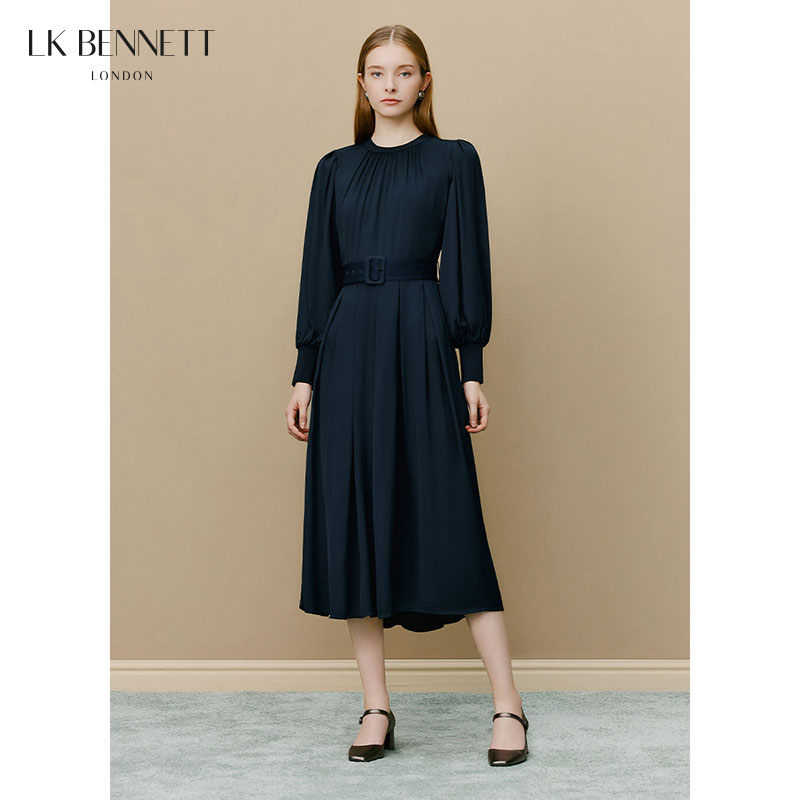 【胡杏儿同款】lkbennett深蓝色泡泡袖连衣裙腰带圆领收褶设计