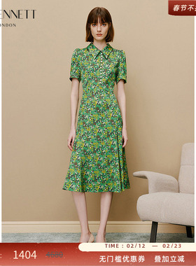 LK BENNETT绿色碎花连衣裙春夏新款高级感印花气质翻领连衣裙