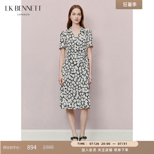 LK BENNETT黑色印花连衣裙夏新款v领收腰系带法式复古优雅