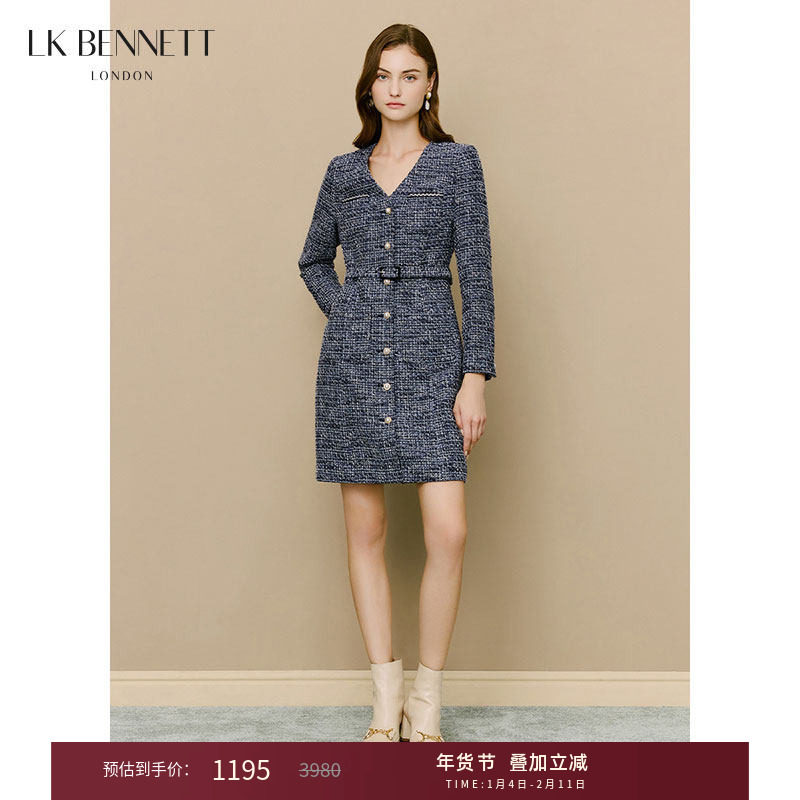 lkbennett深蓝色小香风连衣裙秋新款V领腰带设计短款