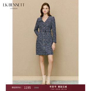 LK BENNETT深蓝色小香风连衣裙秋新款V领腰带设计短款