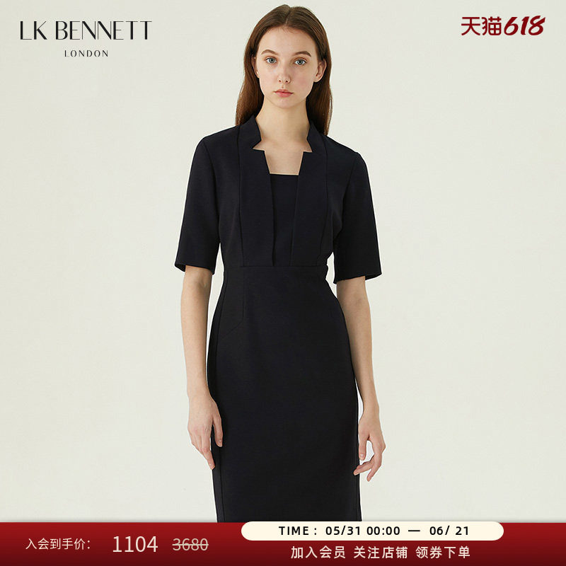 【小礼服】LK BENNETT深蓝正装连衣裙女秋中袖修身商务西装裙长裙