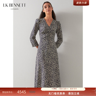 BENNETT印花真丝连衣裙女春秋v领收腰优雅长裙蚕 朱珠同款