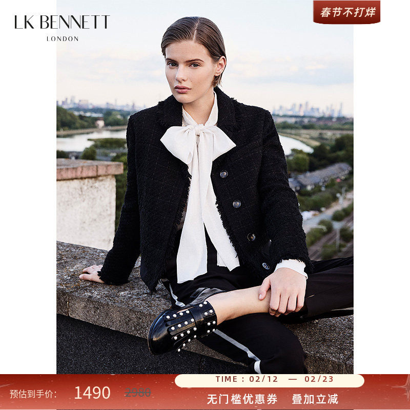 LK BENNETT黑色粗花呢短外套2025冬新款小香风流苏边酷飒夹克版型