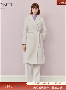LK BENNETT白色羊毛大衣女2025年冬新款中长款时尚纯色系带外套