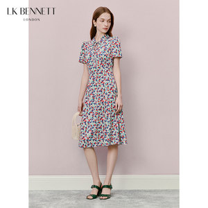 LK BENNETT法式印花连衣裙夏新款系带翻领收腰优雅中长款
