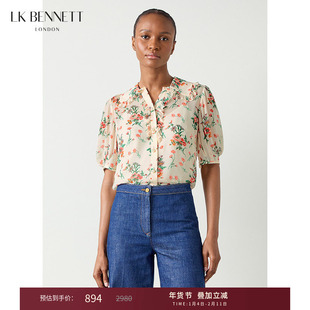 LK BENNETT米色印花上衣女秋法式高级感泡泡袖短袖翻领衬衫
