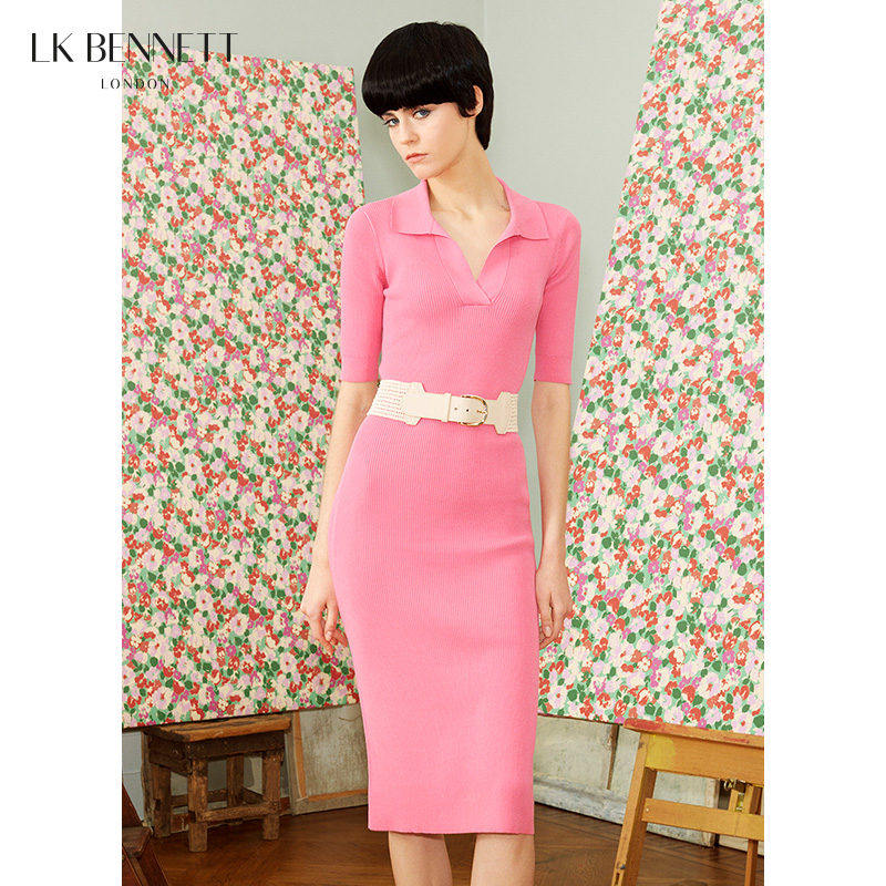LK BENNETT芭比粉色针织连衣裙女春23新款polo领中袖修身长裙洋气,女装/女士精品,连衣裙,淘宝优惠券,粉丝福利购,淘宝优惠卷