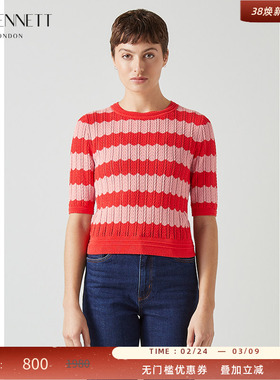 LK BENNETT红色条纹针织短袖女春新款修身短款法式小上衣通勤