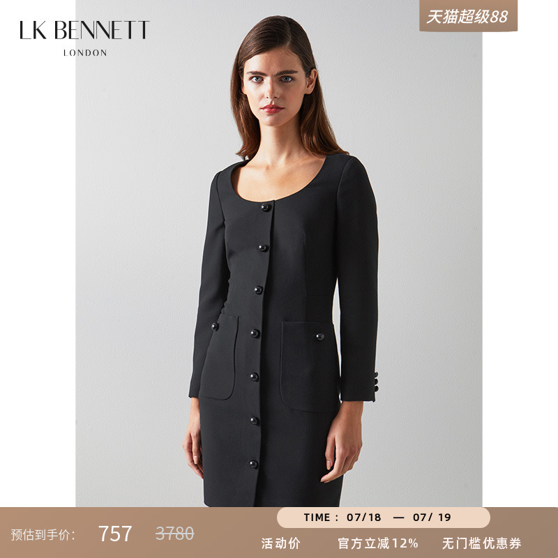 【限时低折】lkbennett黑色连衣裙女秋长袖低圆领修身短款小黑裙