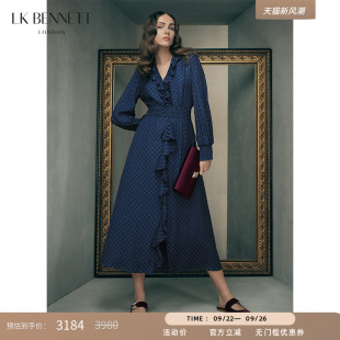裙 棋盘格纹V领荷叶边长袖 lkbennett深蓝连衣裙女2025年秋季 新款